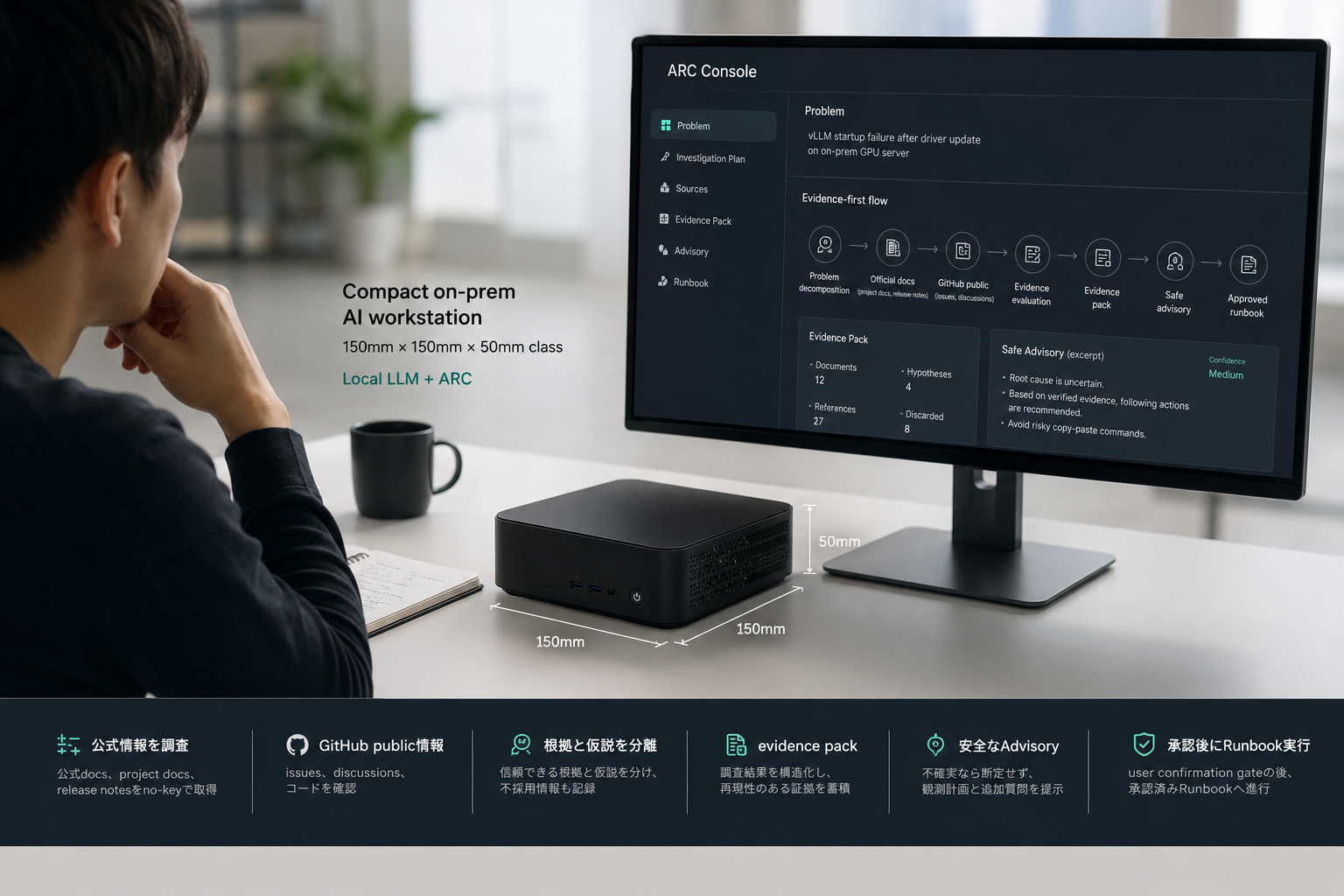 ARC Console connected to a compact on-prem AI workstation, showing human scale, evidence pack, safe advisory, and approved Runbook flow.